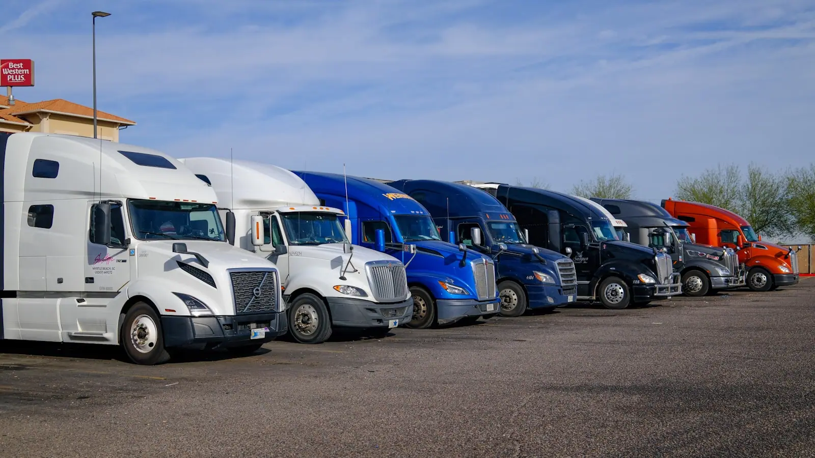 Tractor units lined up in a supplier yard